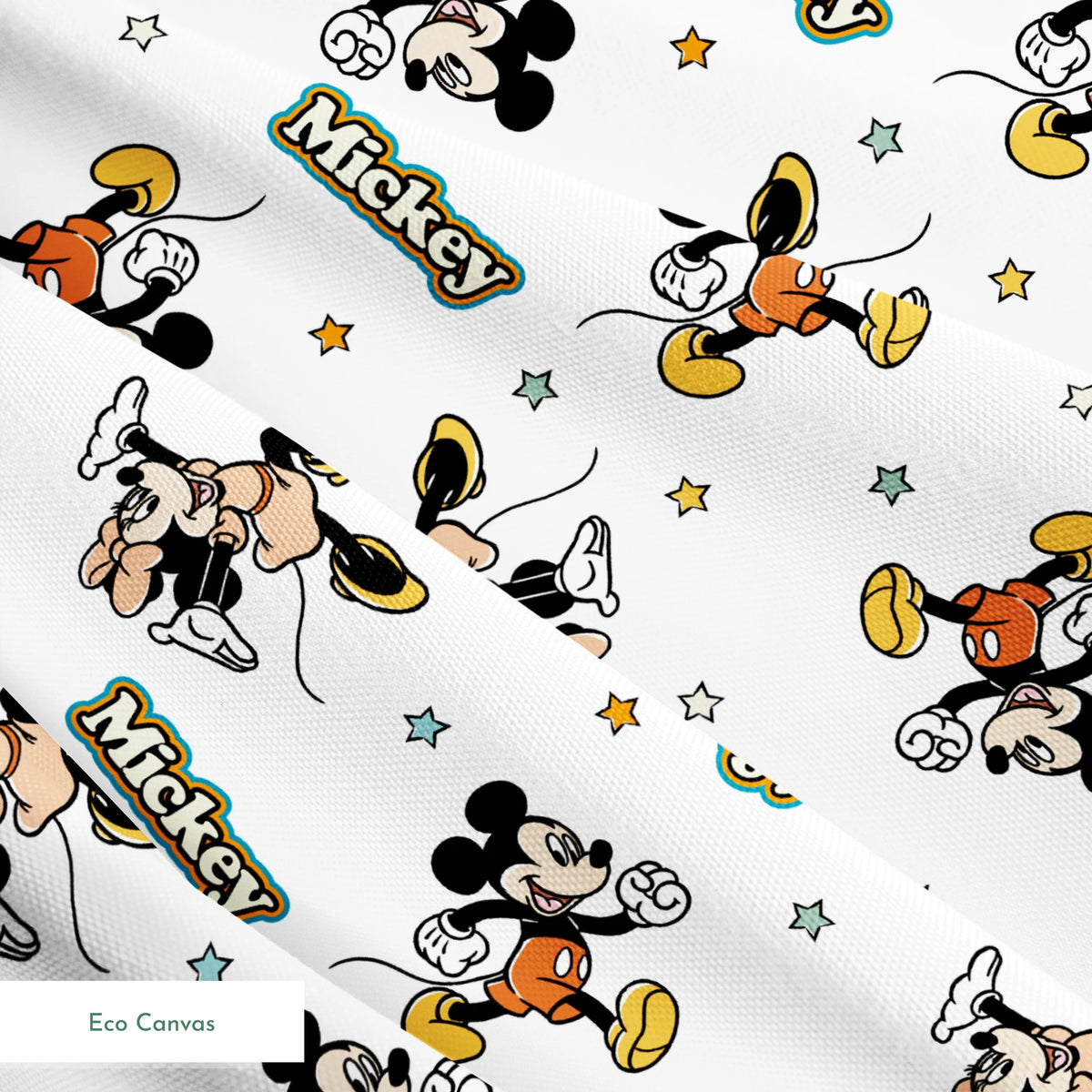 Pattern of cartoon Disney characters including Mickey Mouse and Minnie with yellow stars on white background springs ecocanvas texture