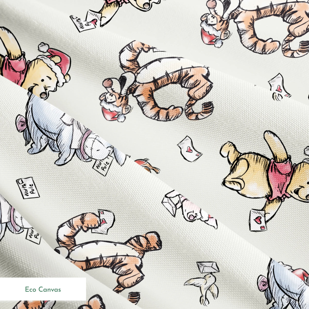 Whimsical cartoon characters in Santa hats on cream background with scattered letters springs ecocanvas texture