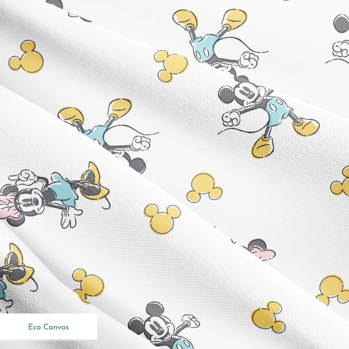 Mickey Mouse characters in light blue outfits scattered on white background with yellow Mickey silhouettes springs ecocanvas texture
