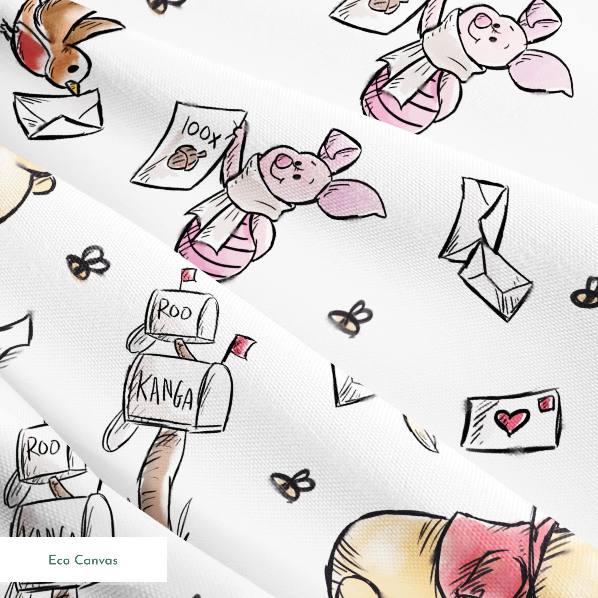 Winnie the Pooh characters with flying letters and envelopes on white background, whimsical illustration style springs ecocanvas texture