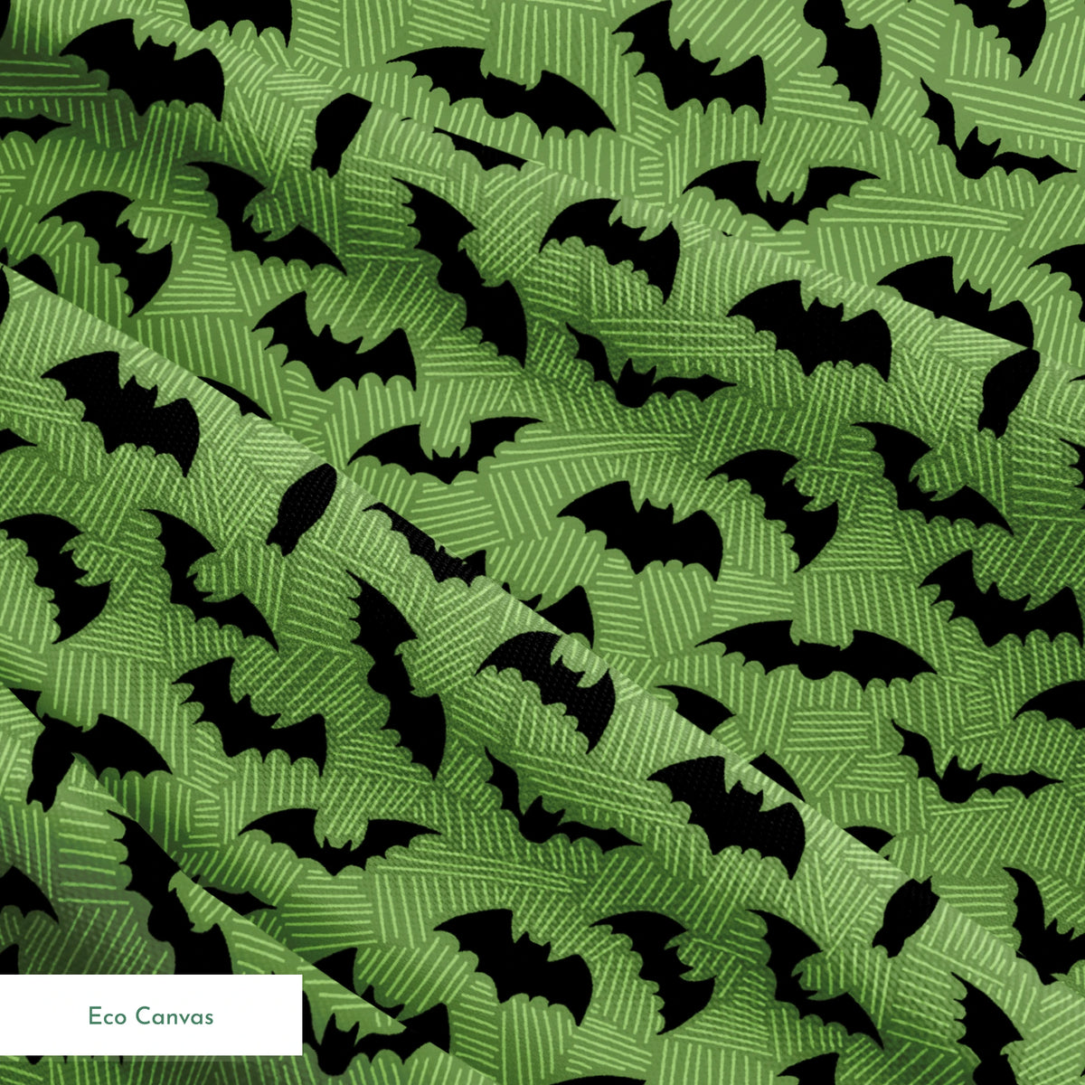 Black bat silhouettes scattered across a green textured background with zigzag pattern springs ecocanvas texture