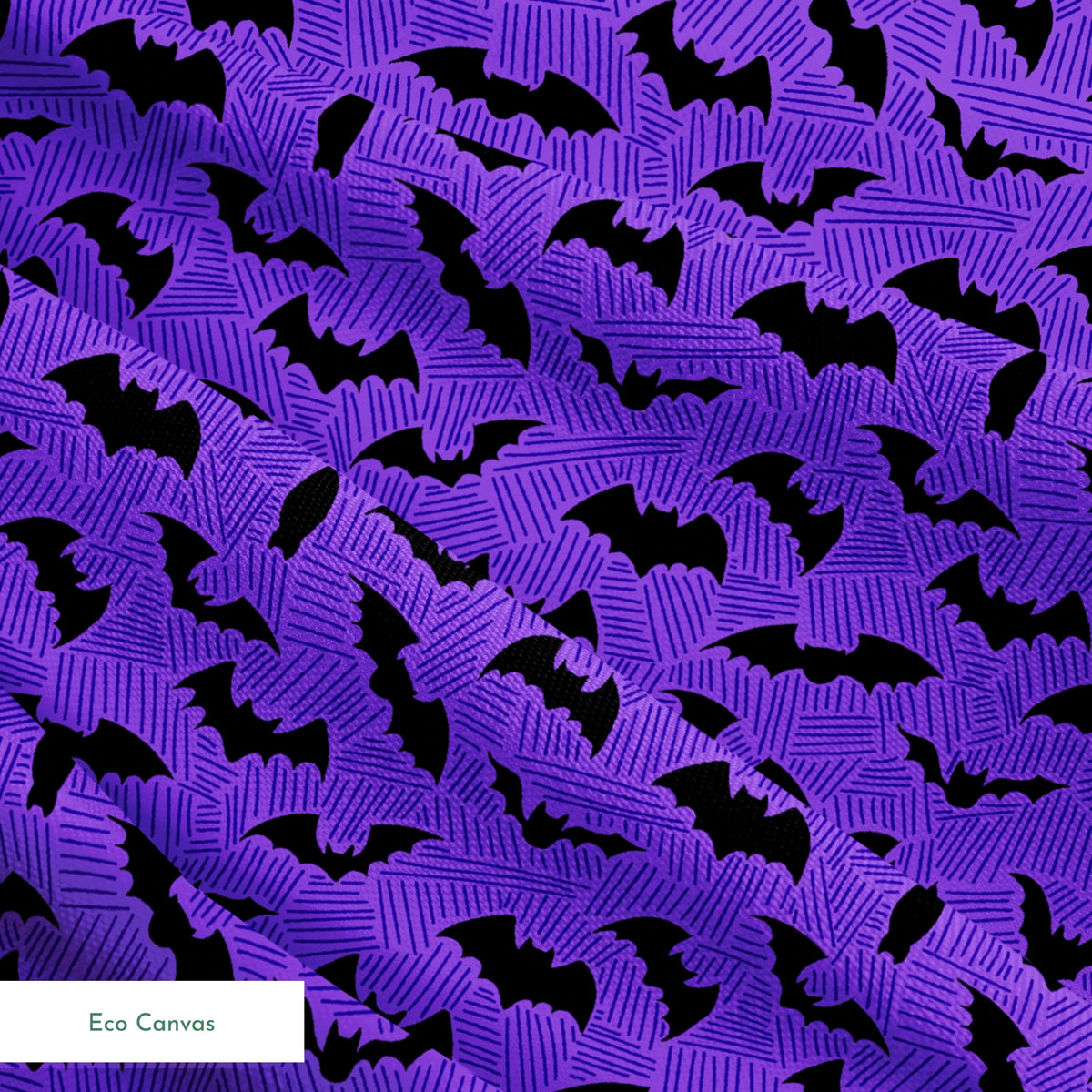 Black bat silhouettes scattered over purple zigzag background, Halloween-themed pattern springs ecocanvas texture