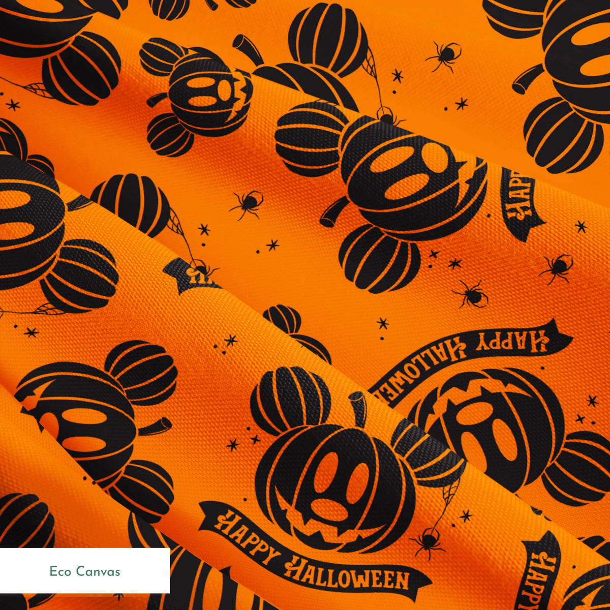 Halloween pattern with Disney-inspired jack-o'-lantern pumpkins and "Happy Halloween" text on bright orange background springs ecocanvas texture
