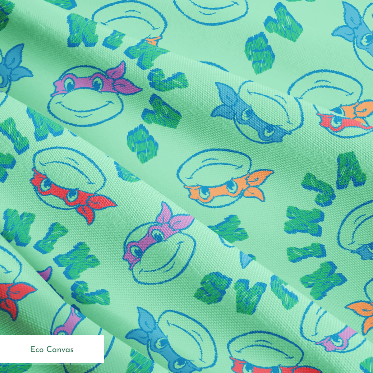 Pattern of Teenage Mutant Ninja Turtles with colored masks in blue, red, and purple on mint green background springs ecocanvas texture