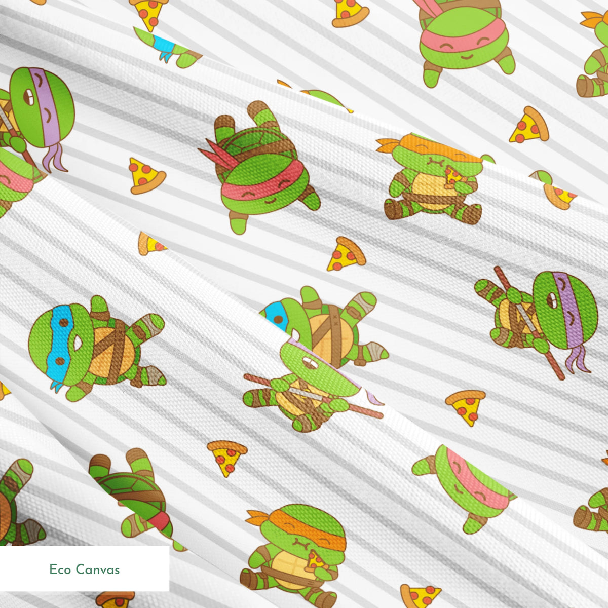 Teenage Mutant Ninja Turtles in various poses with pizza slices on gray striped background springs ecocanvas texture