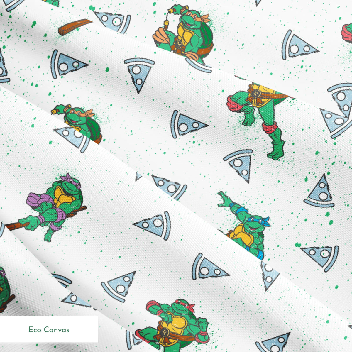 Teenage Mutant Ninja Turtles in action poses scattered among pizza slices on white speckled background springs ecocanvas texture