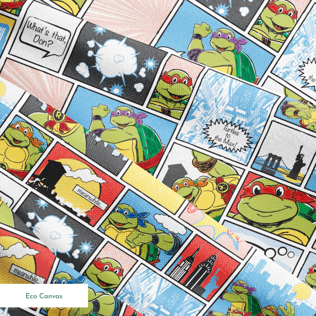 Comic-style grid featuring Teenage Mutant Ninja Turtles with speech bubbles, action scenes, and colorful panels springs ecocanvas texture