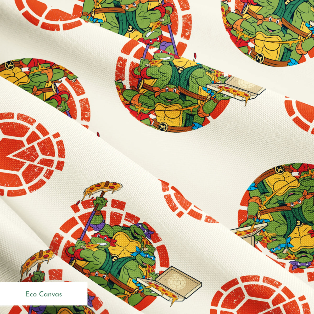 TMNT characters in circular formations on cream background with red shell pattern springs ecocanvas texture