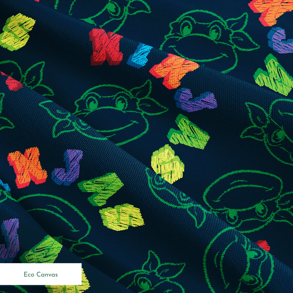 Colorful Ninja Turtles pattern with green outlines on dark blue background springs ecocanvas texture