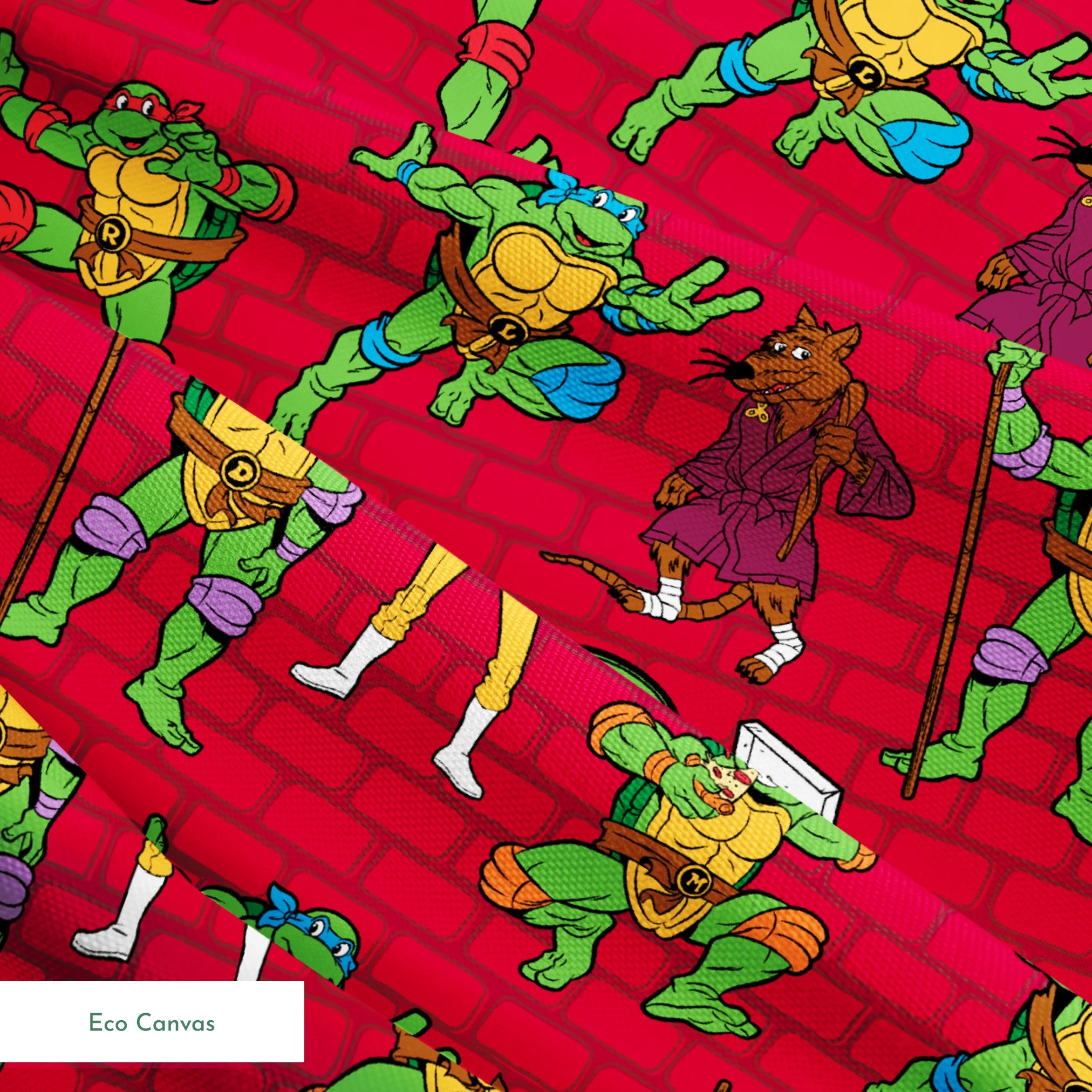 Teenage Mutant Ninja Turtles pattern on red background with green turtle characters in action poses springs ecocanvas texture