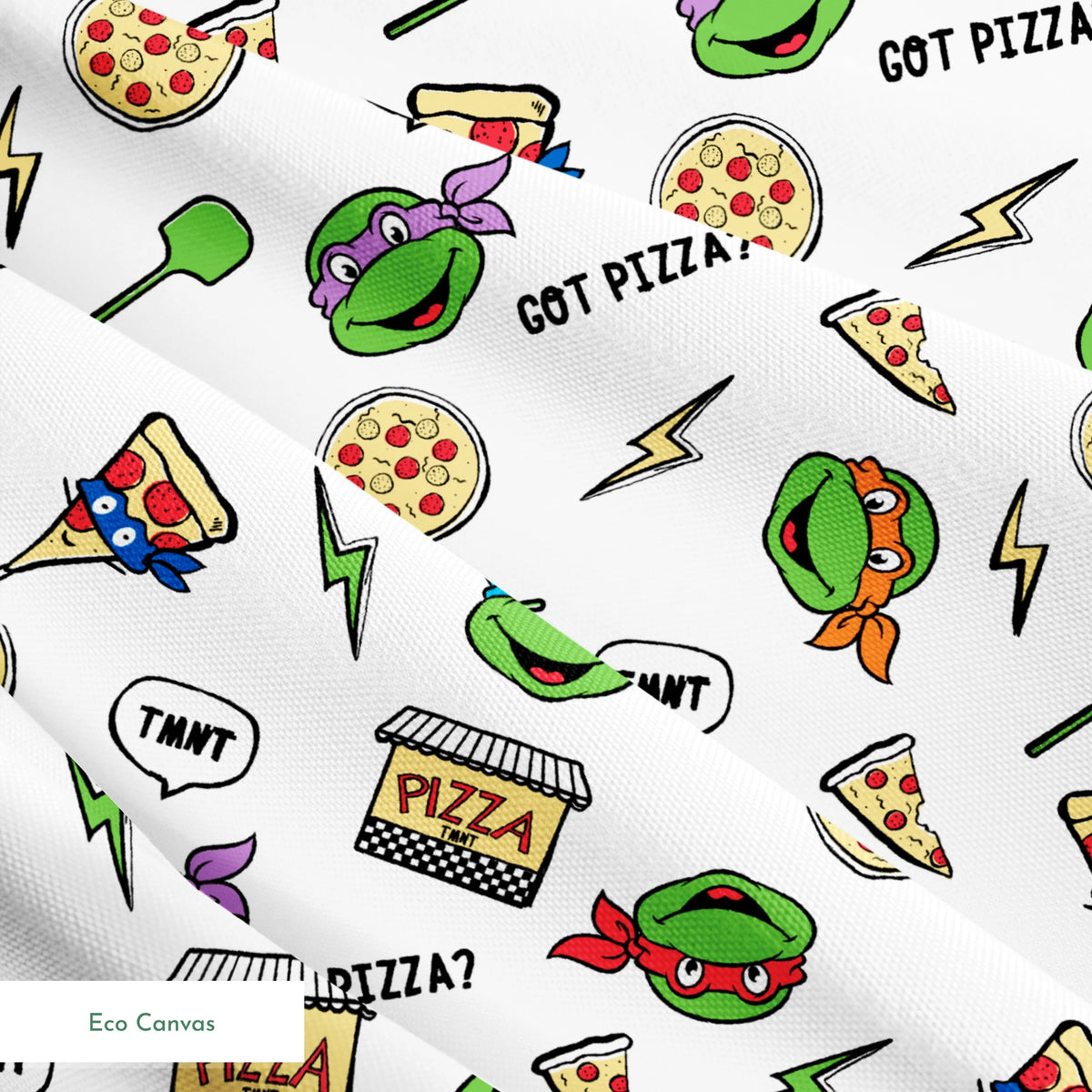 Cartoon pattern with Teenage Mutant Ninja Turtles, pizza slices, whole pizzas, lightning bolts and "GOT PIZZA?" text springs ecocanvas texture