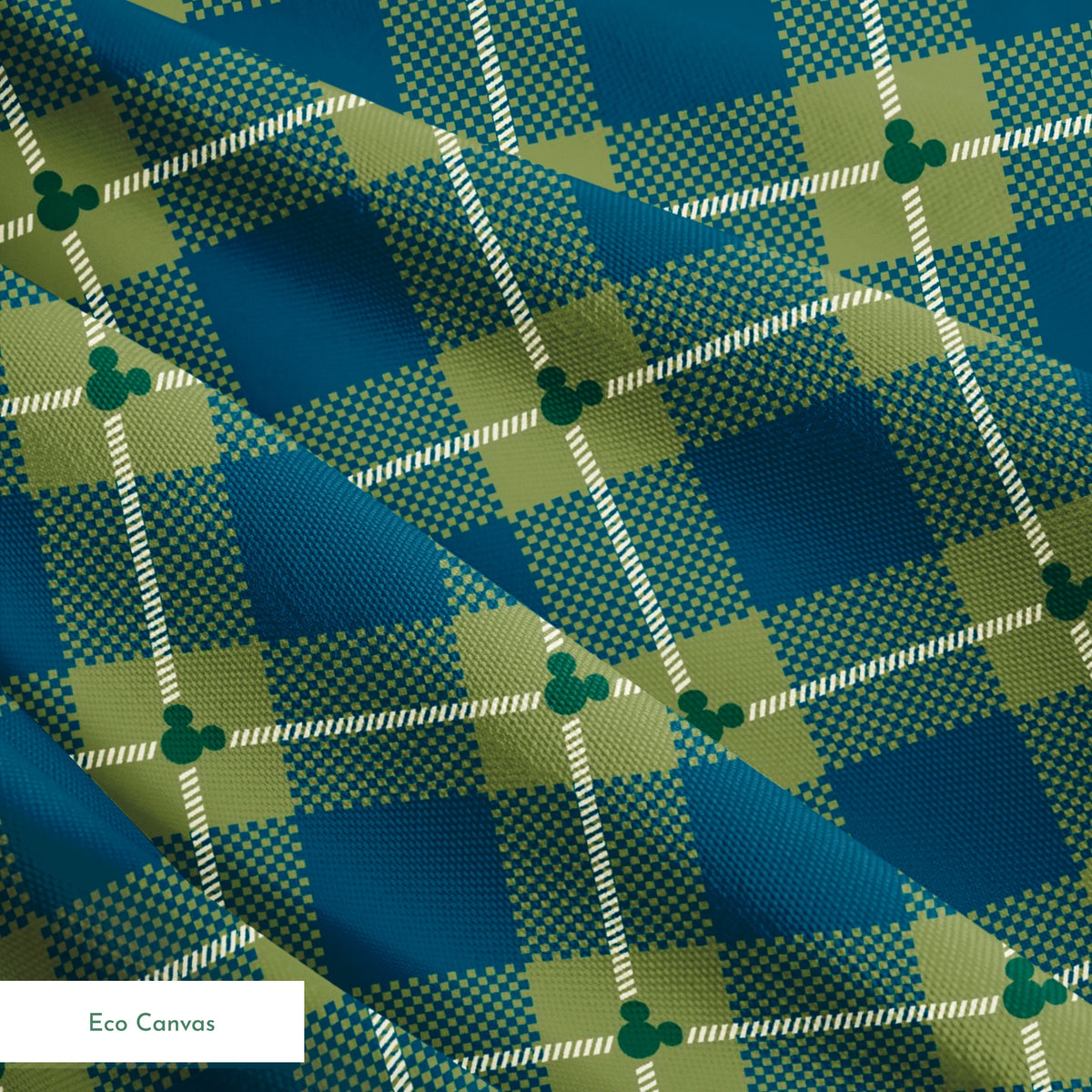 Geometric plaid pattern with teal and olive green diamonds, white diagonal stripes and checkered textures springs ecocanvas texture