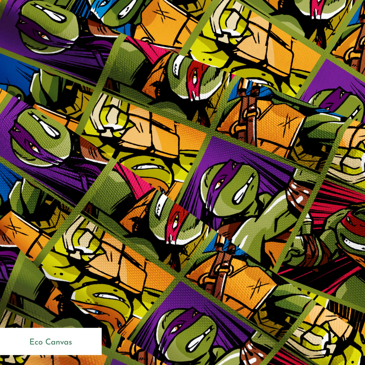 Colorful grid pattern of Teenage Mutant Ninja Turtles characters with various expressions and colored masks springs ecocanvas texture