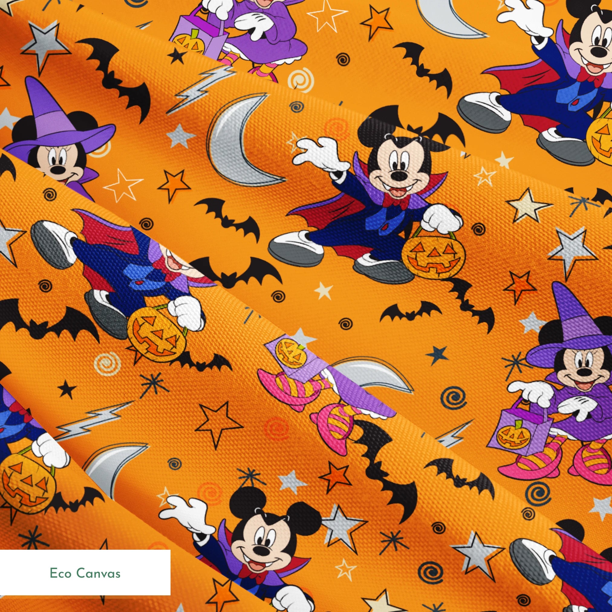 Halloween-themed cartoon pattern with Disney characters in costumes, bats, stars, moons, and ghosts on orange background. springs ecocanvas texture