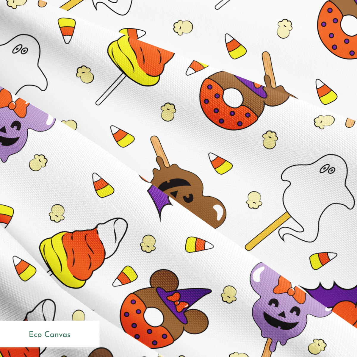 Disney Halloween themed pattern with candy lollipops, ghost, bats, and candy corn springs ecocanvas texture