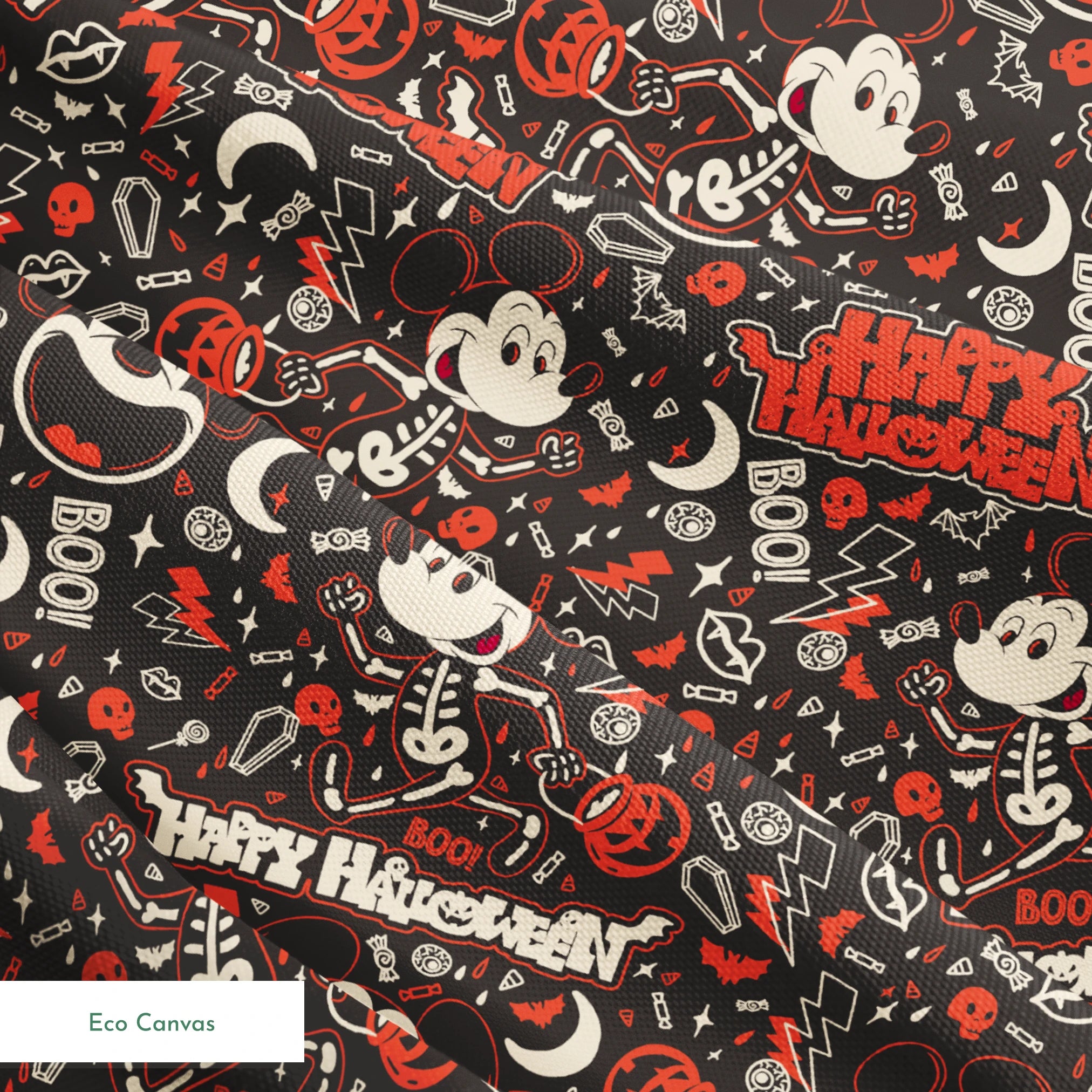 Mickey Mouse Halloween pattern with bats, pumpkins, and "Happy Halloween" text on dark background springs ecocanvas texture