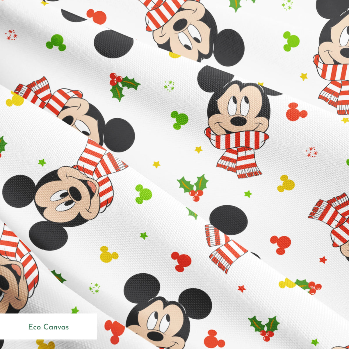 Mickey Mouse wearing red striped scarves, surrounded by holly and colorful icons on white background springs ecocanvas texture