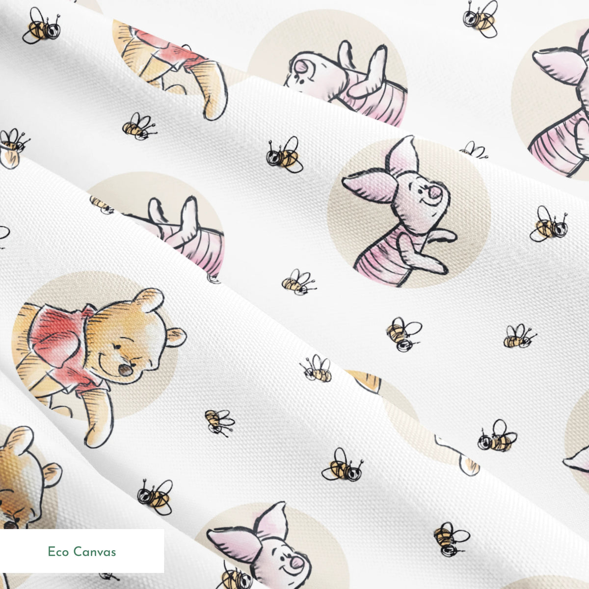 Cute cartoon Winnie the Pooh and Piglet pattern with circular vignettes and buzzing bees springs ecocanvas texture