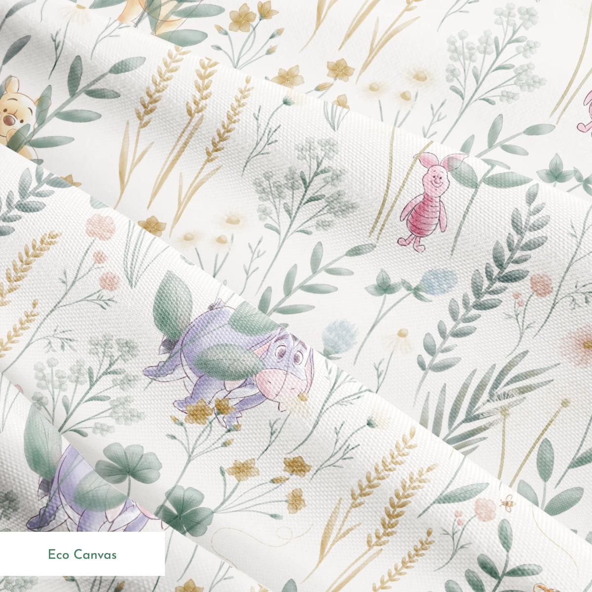 Whimsical botanical pattern with colorful teddy bears and creatures among green plants and flowers springs ecocanvas texture