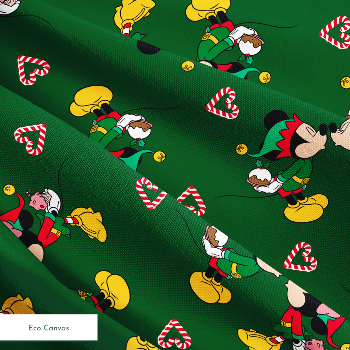 Festive Mickey Mouse pattern with candy canes on green background springs ecocanvas texture