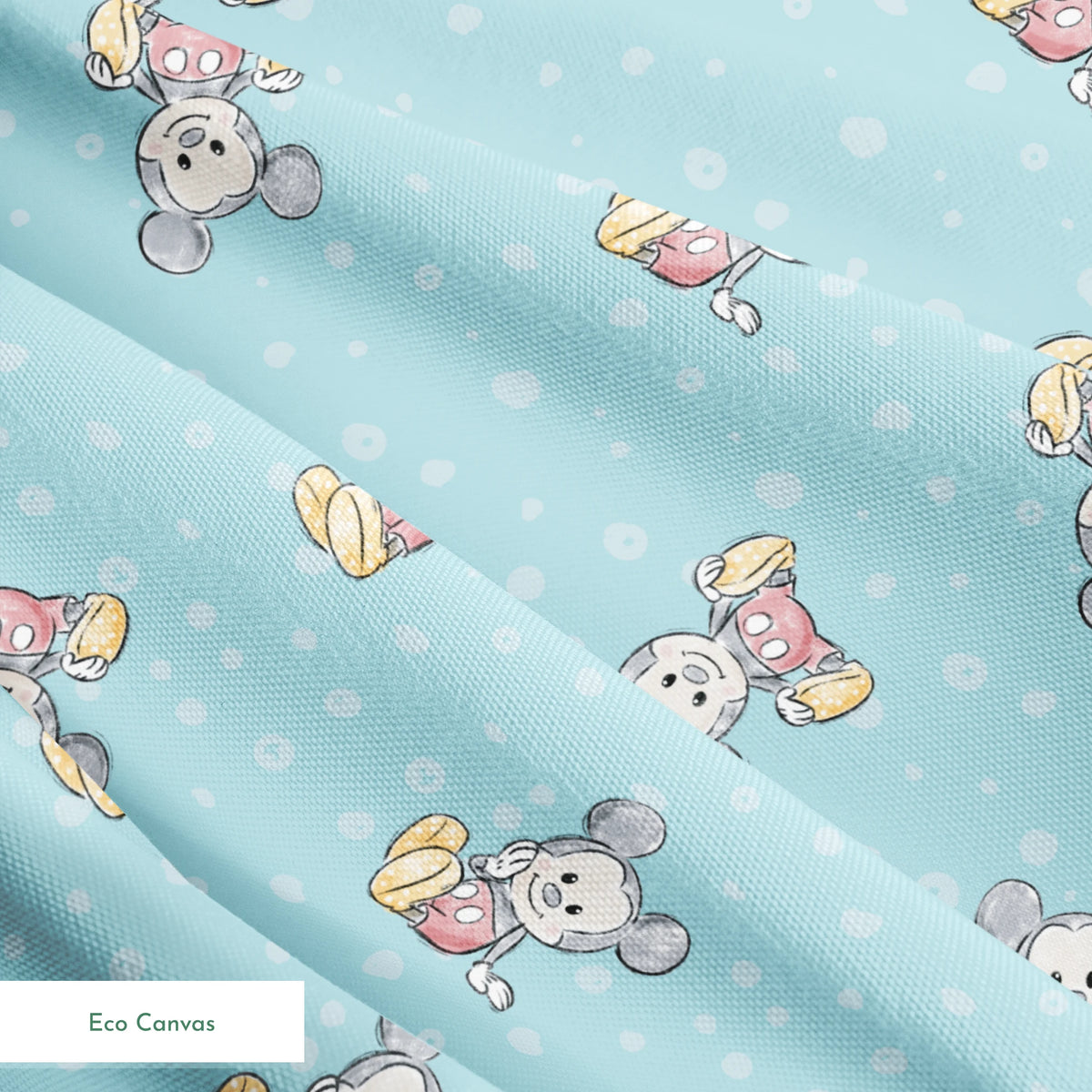 Cute cartoon mouse pattern with gray mice wearing colorful outfits on light blue polka dot background springs ecocanvas texture