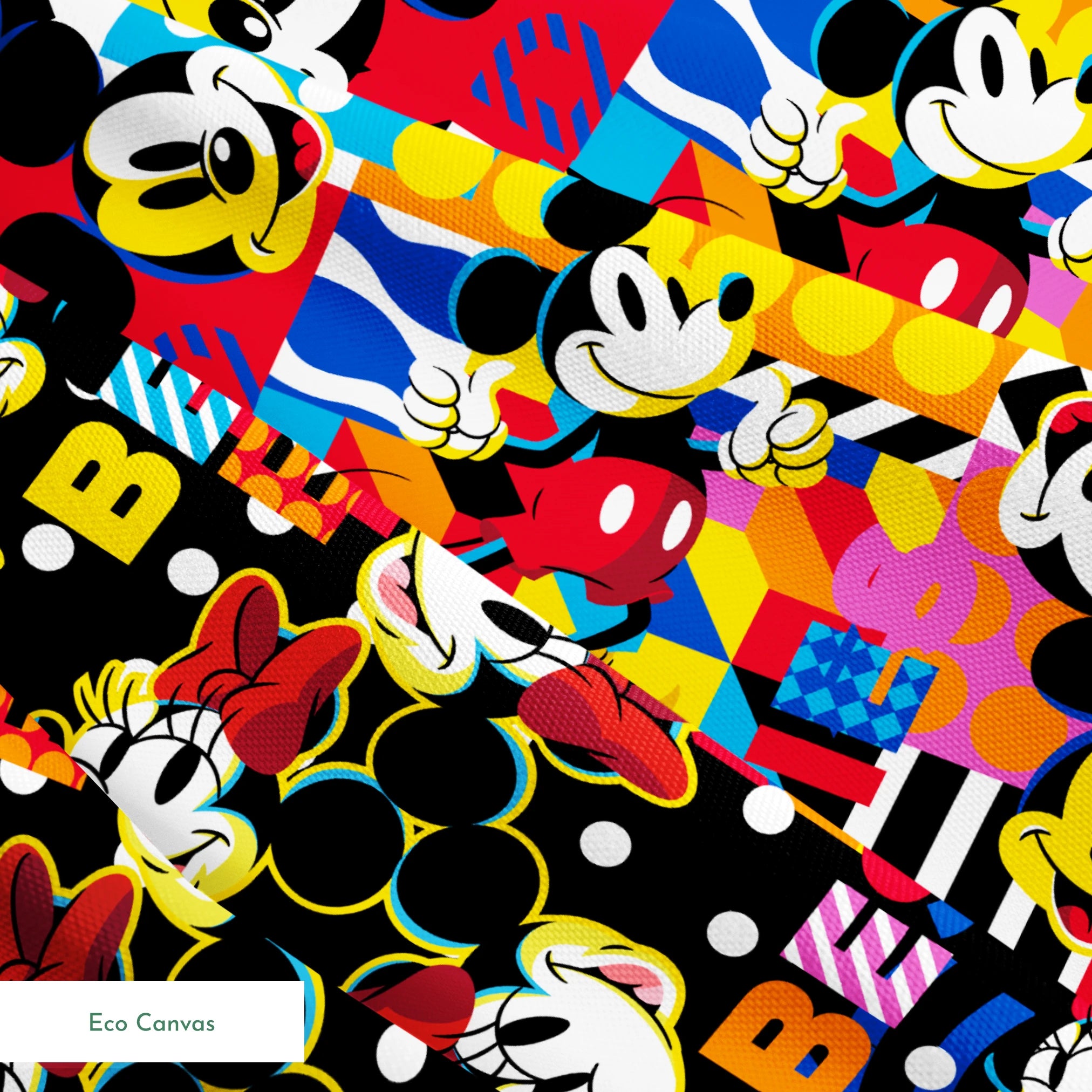 Vibrant pop art collage of Mickey Mouse in various poses against colorful geometric patterns and backgrounds springs ecocanvas texture