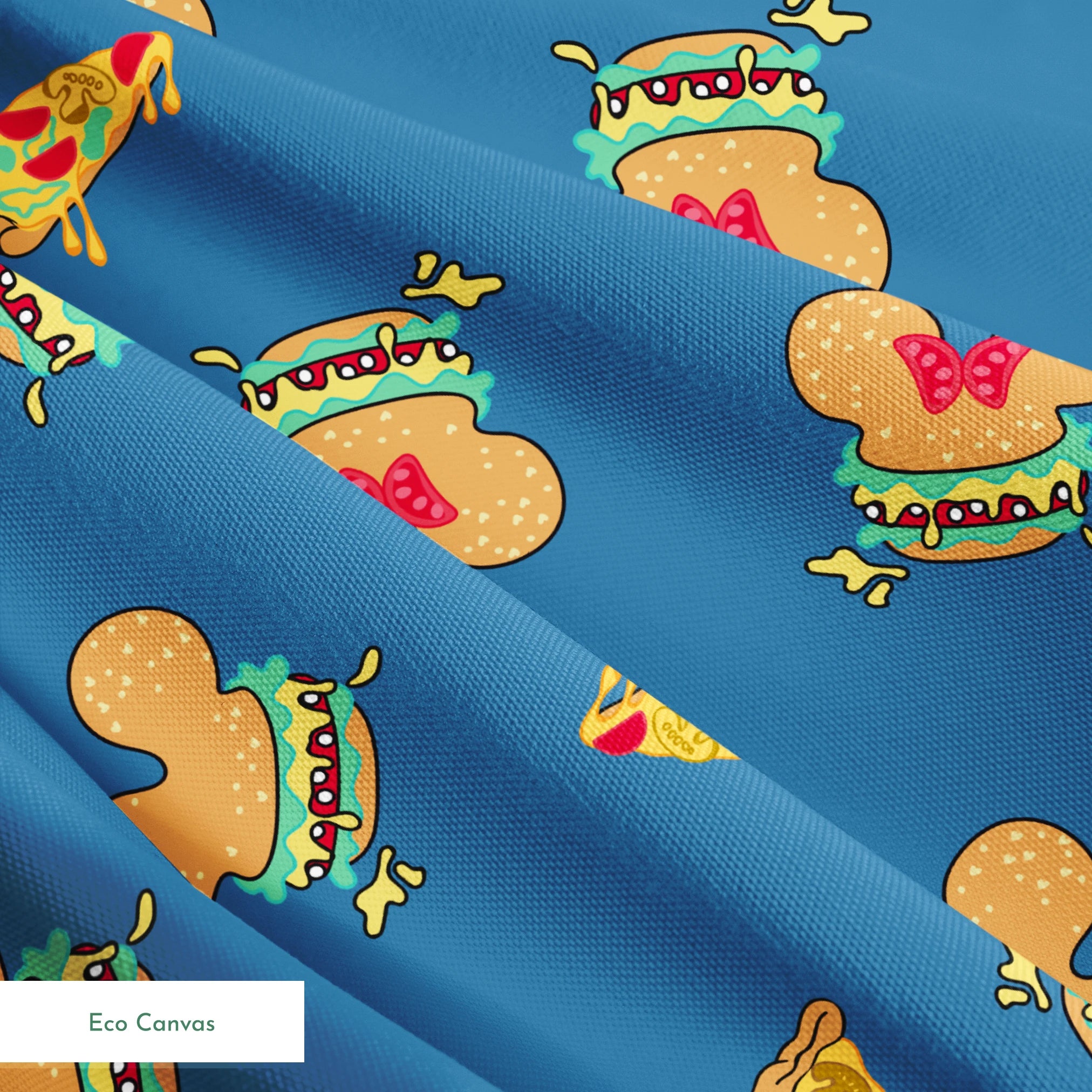 Pattern of Disney-inspired food items - hot dogs and pizza slices on blue background springs ecocanvas texture