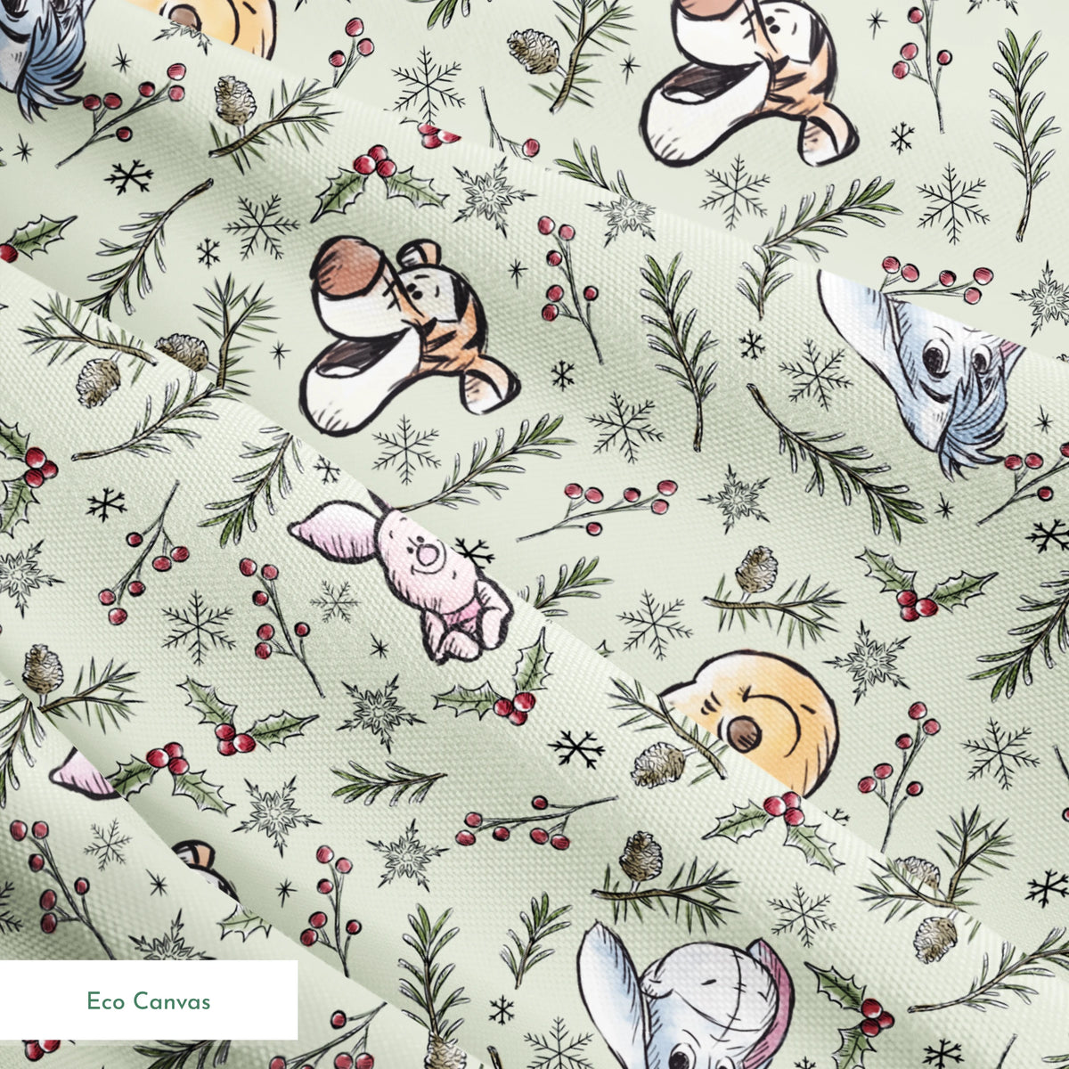 Whimsical holiday pattern with cartoon animals, pine branches, berries, and snowflakes on mint green springs ecocanvas texture