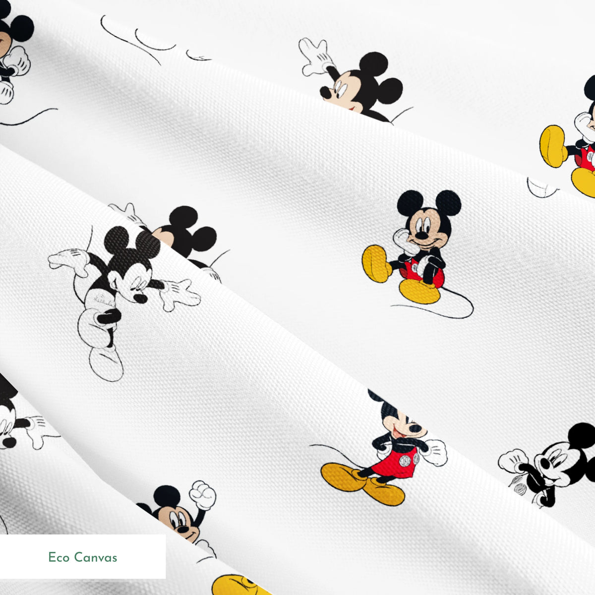 Repeating pattern of Mickey Mouse cartoon characters in various poses on white background springs ecocanvas texture