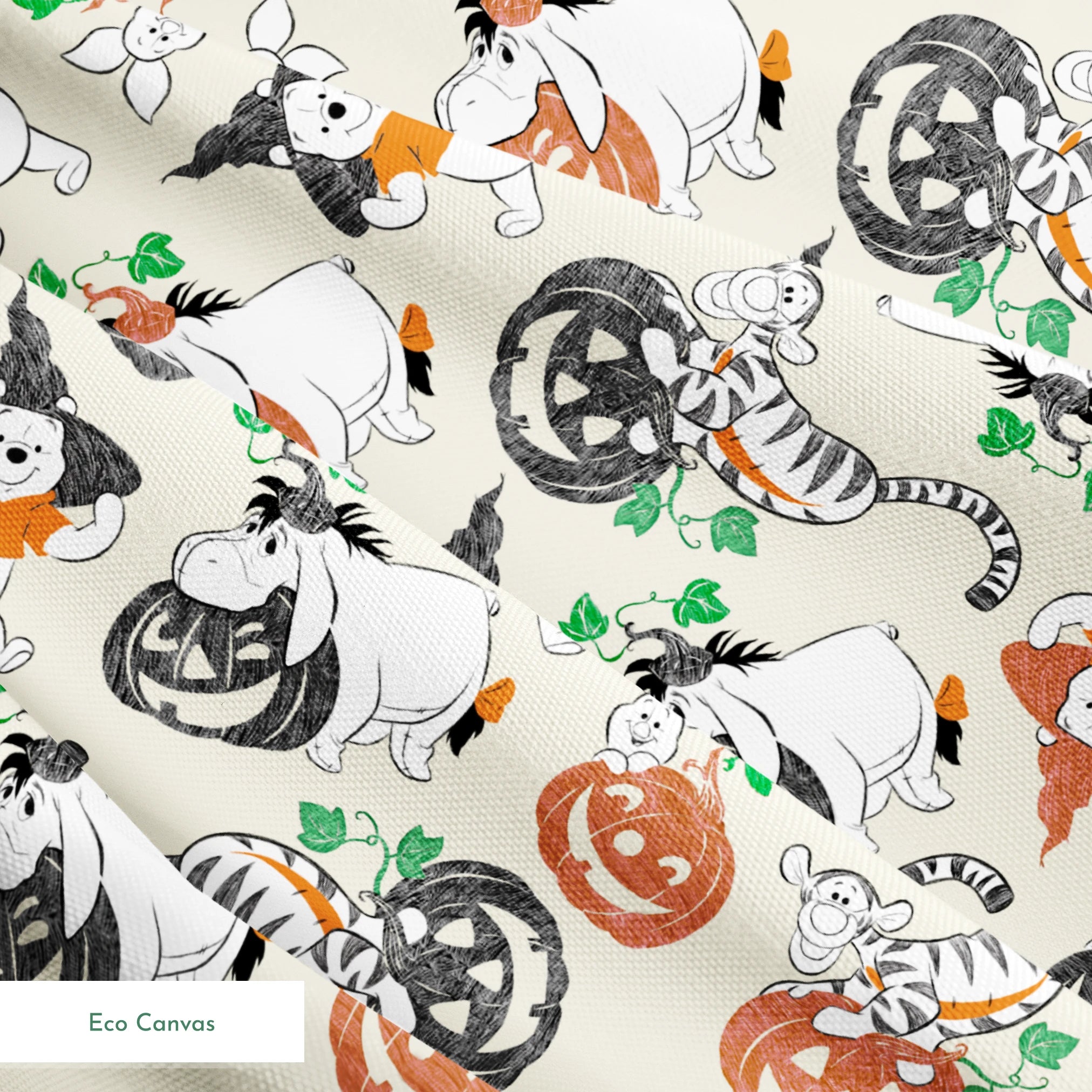 Whimsical Halloween pattern with cartoon ghosts, pumpkins, cats, and bears on cream background springs ecocanvas texture