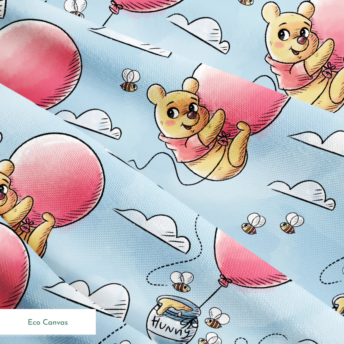 Cute yellow bear characters floating with pink balloons and honey pots against a blue sky with cl... springs ecocanvas texture