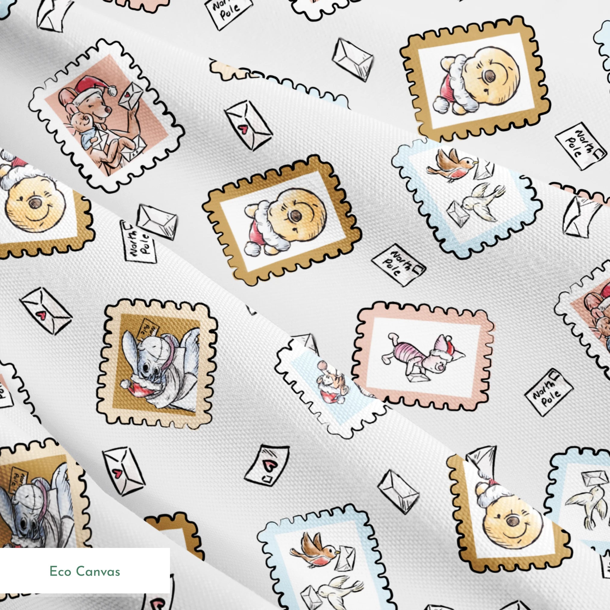 Vintage-style postage stamps with fairy tale illustrations on a light gray background with envelo... springs ecocanvas texture