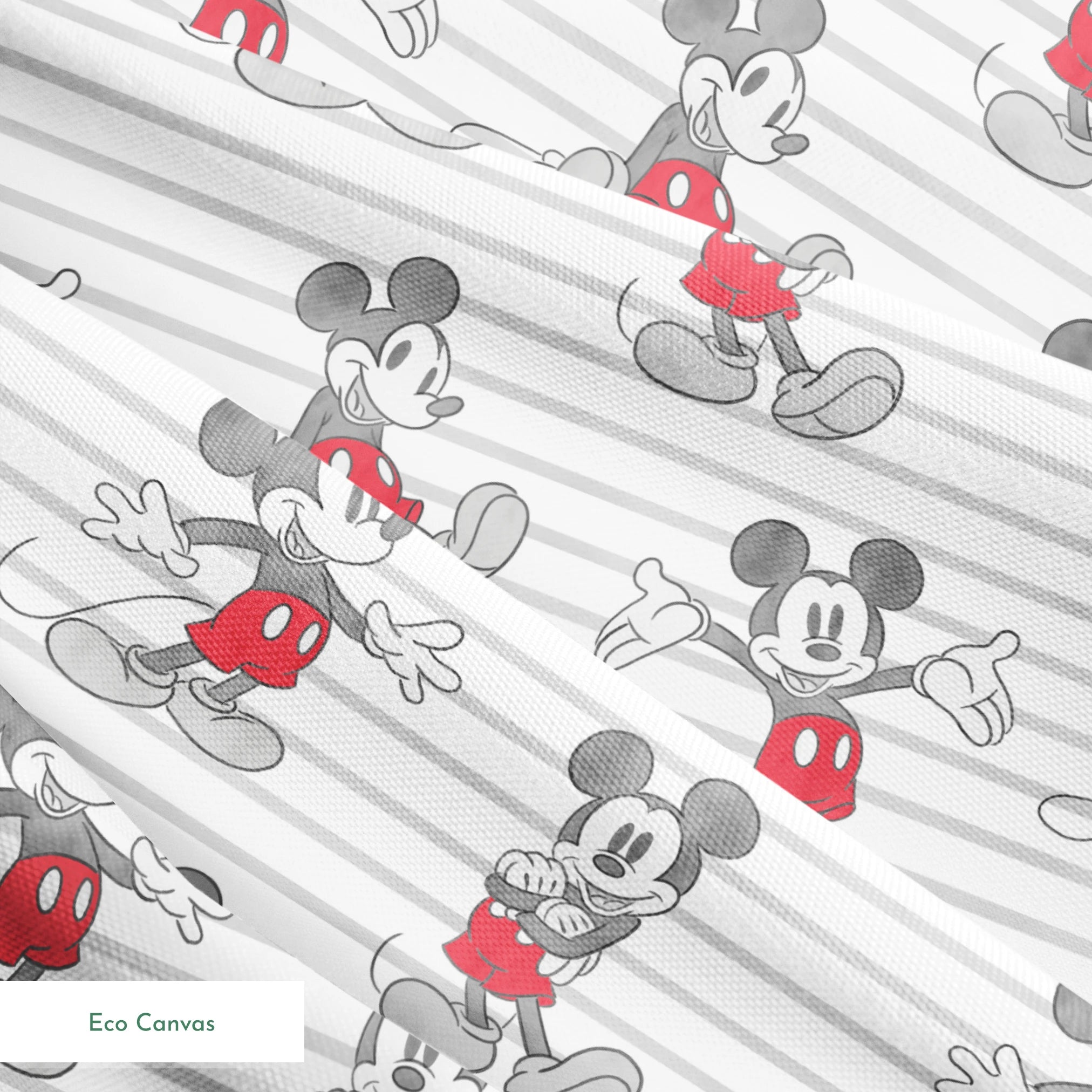 Mickey Mouse cartoon characters in various poses on gray and white striped background springs ecocanvas texture