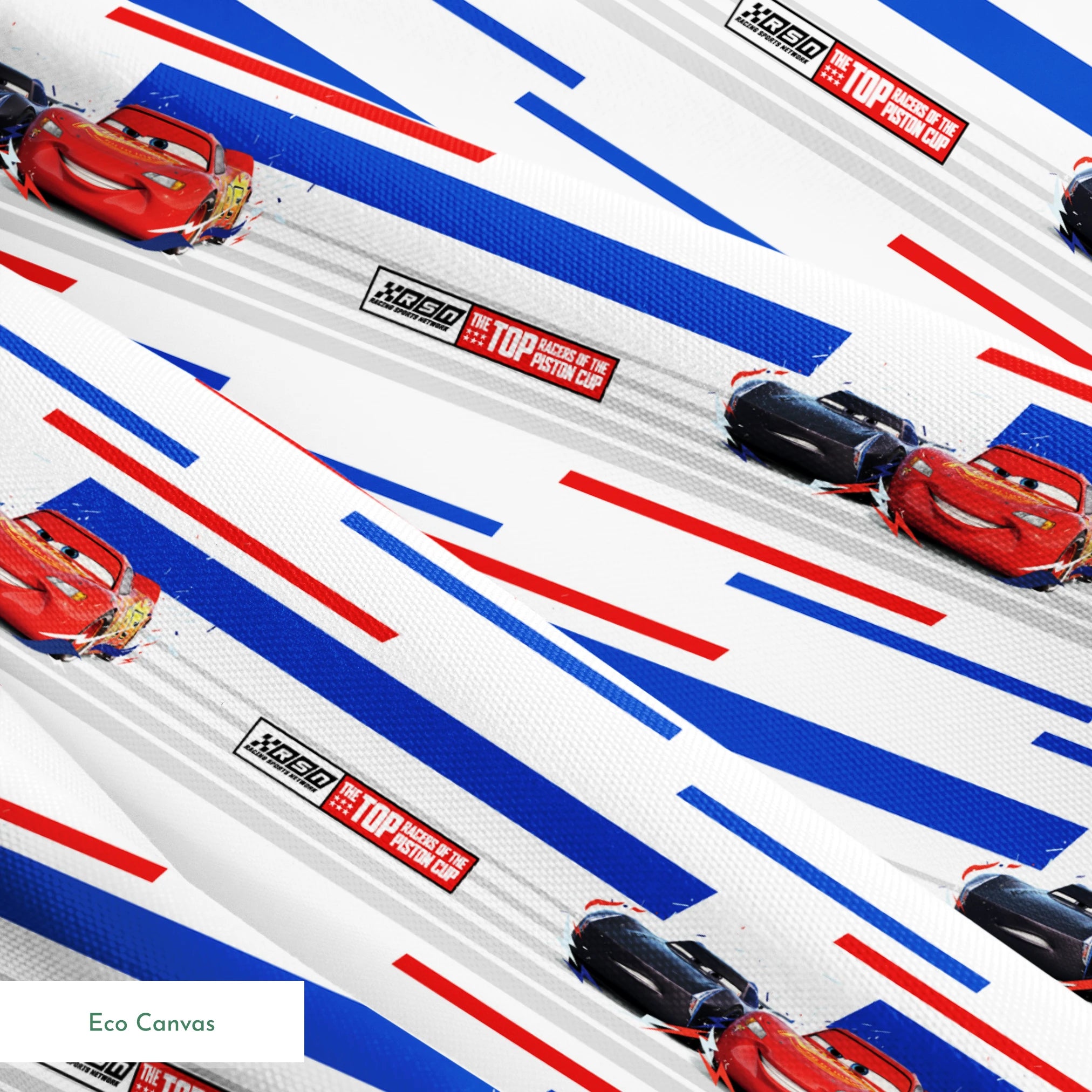 Red and black race cars from Disney Pixar's Cars movie on striped blue, white, and red background with XSpeed logo springs ecocanvas texture