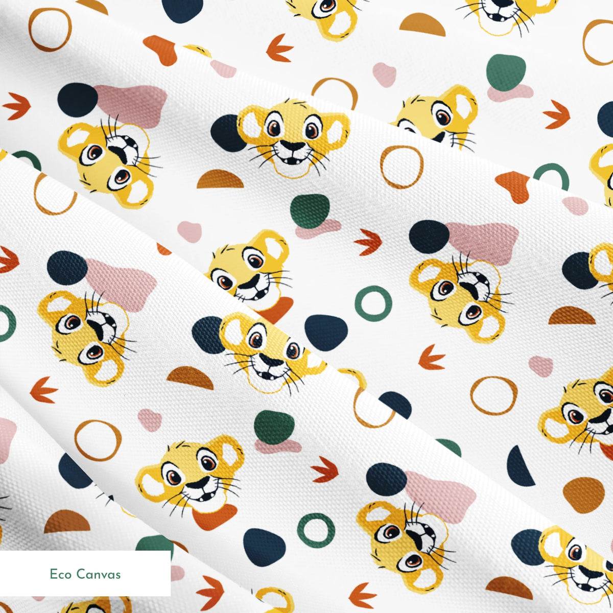 Cute Lion King characters with colorful abstract shapes in pink, teal, brown, and navy on white springs ecocanvas texture