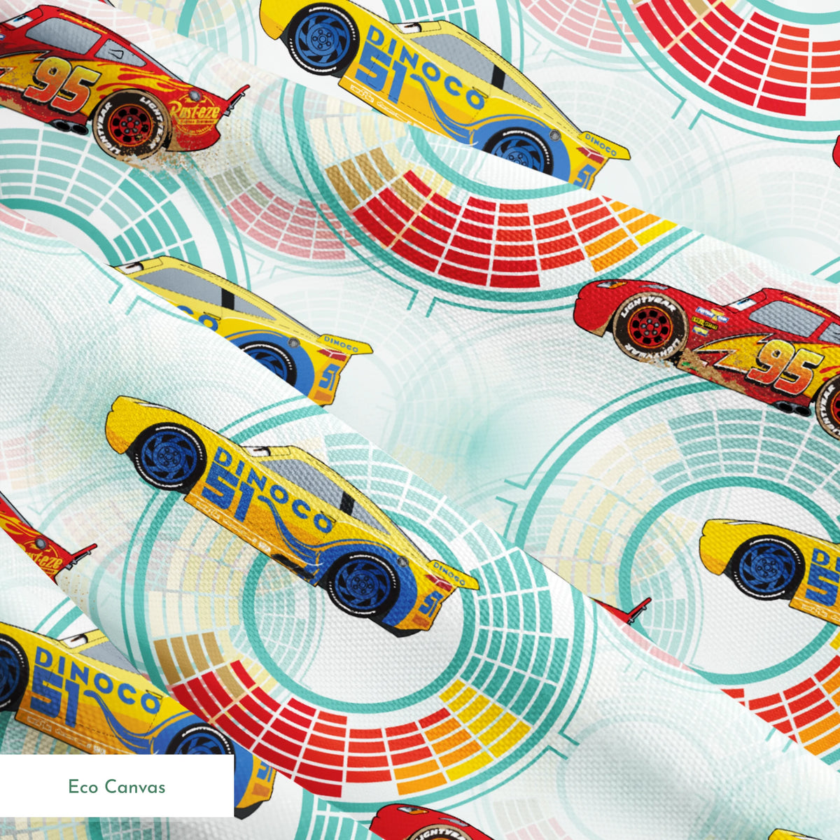 Colorful Disney Pixar Cars racing in red and yellow on a light blue background with circular patterns springs ecocanvas texture