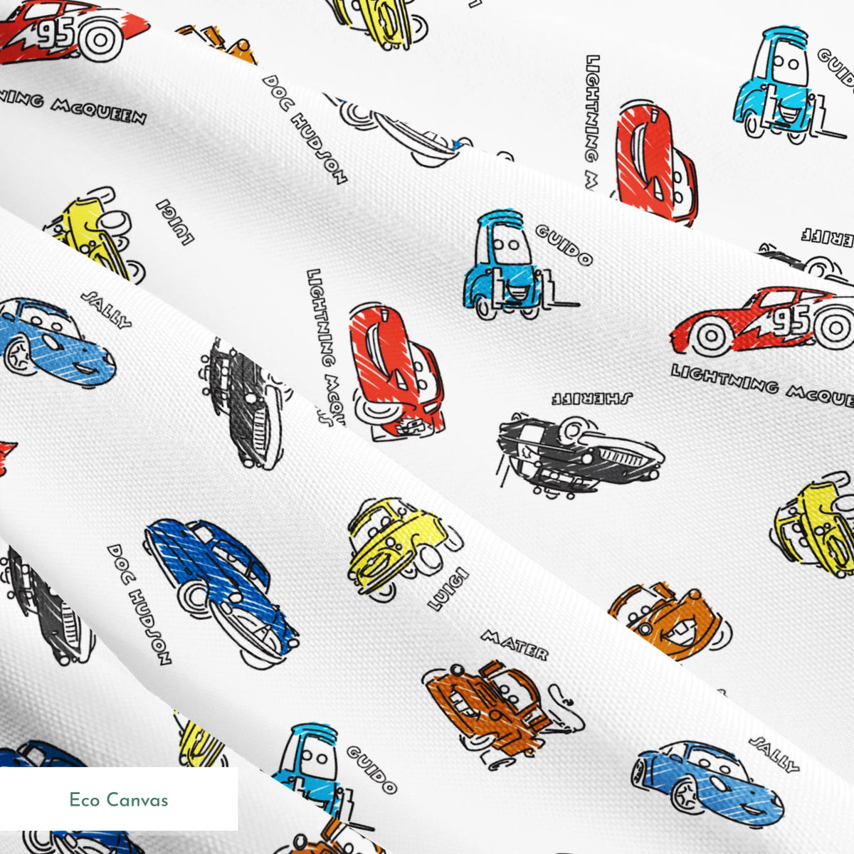 Colorful cartoon race cars in various colors scattered on white background with small text labels springs ecocanvas texture
