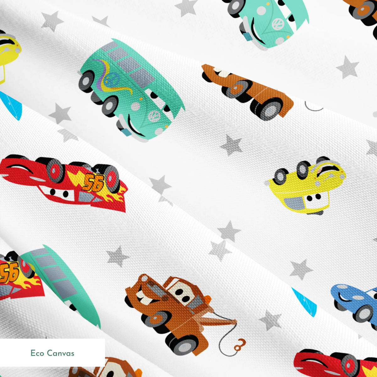 Cartoon vehicles pattern with colorful cars, trucks, and racing cars on white background with gray stars springs ecocanvas texture