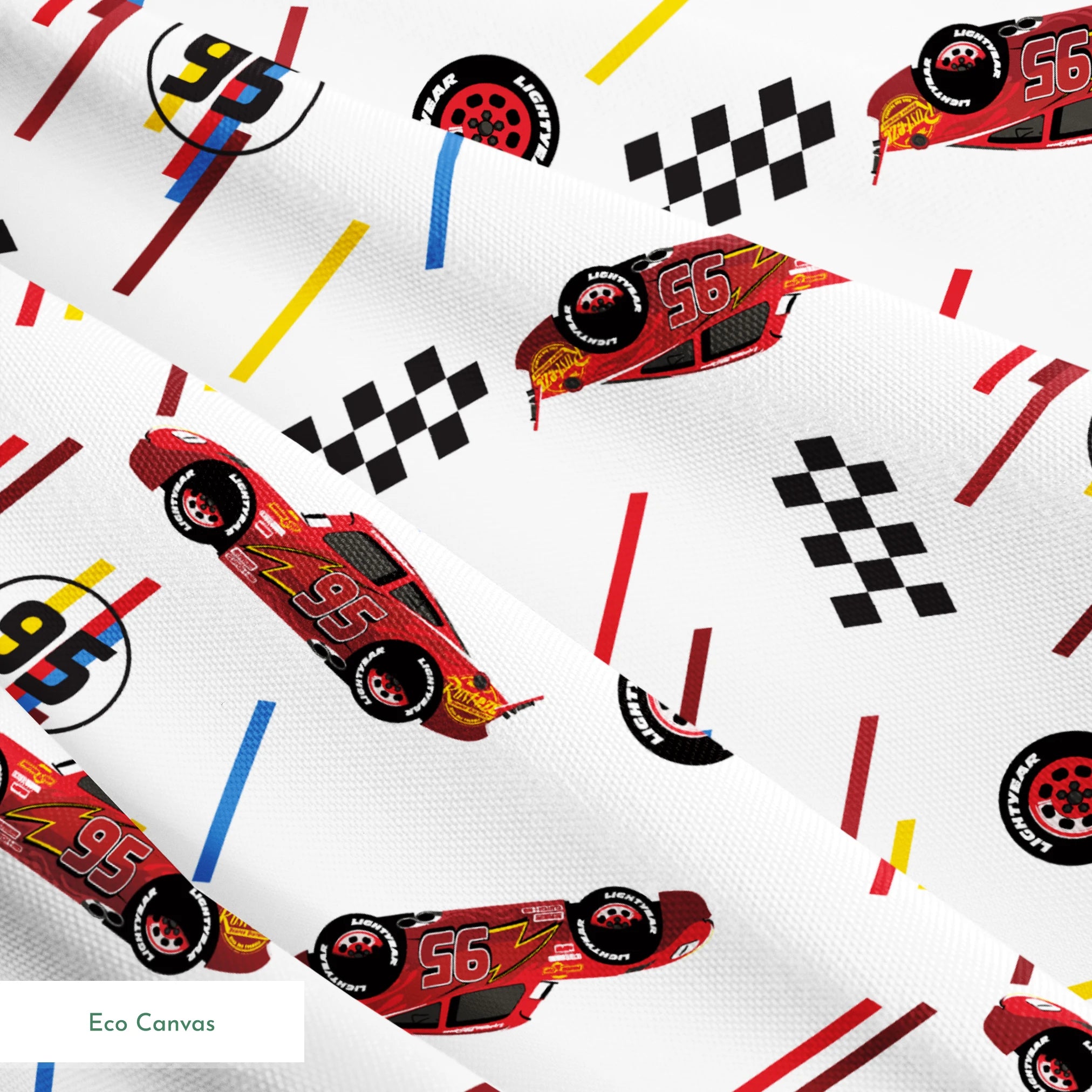 Racing car pattern with red toy cars, checkered flags, number 95 emblems, and colorful lines on white background springs ecocanvas texture