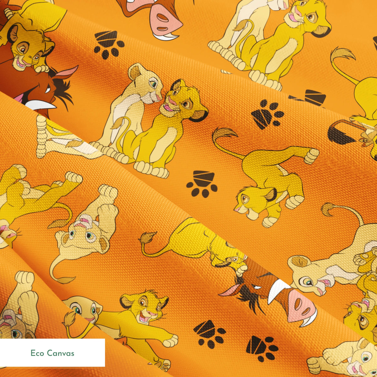 Playful pattern of cartoon cubs in yellow and brown poses on bright orange background with pawprints springs ecocanvas texture
