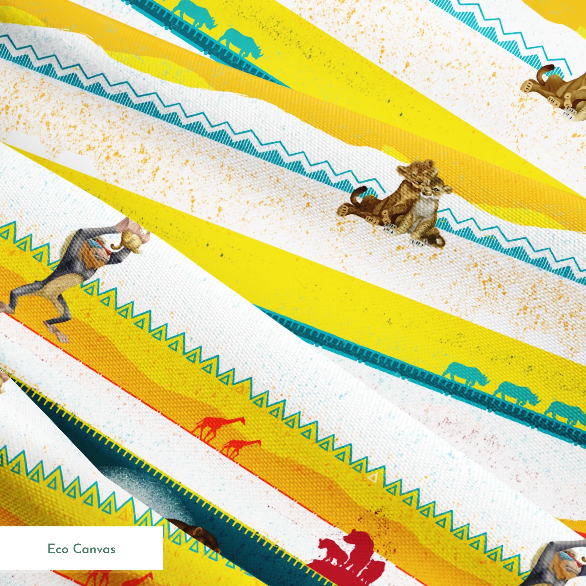 Colorful horizontal striped pattern featuring wildlife silhouettes including lion, elephant, and animals in savanna landscapes. springs ecocanvas texture