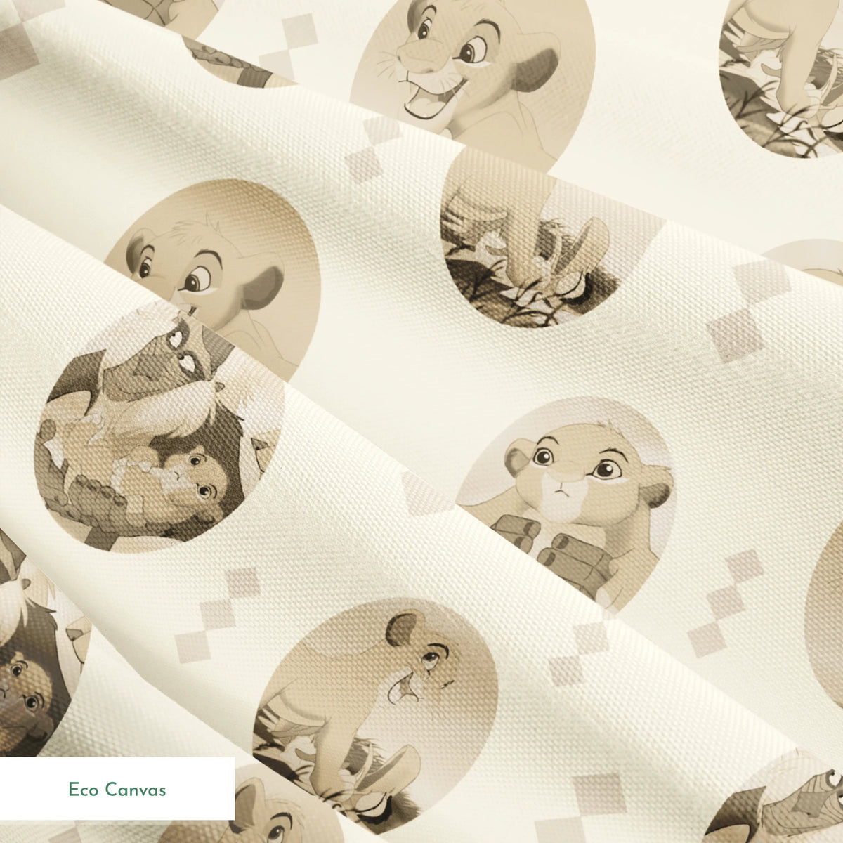Lion King characters in sepia tone portraits on cream background with diamond pattern springs ecocanvas texture