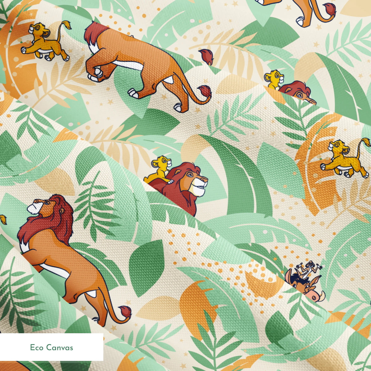 Lion King-inspired pattern with lions and jungle animals amid colorful tropical leaves on cream background springs ecocanvas texture