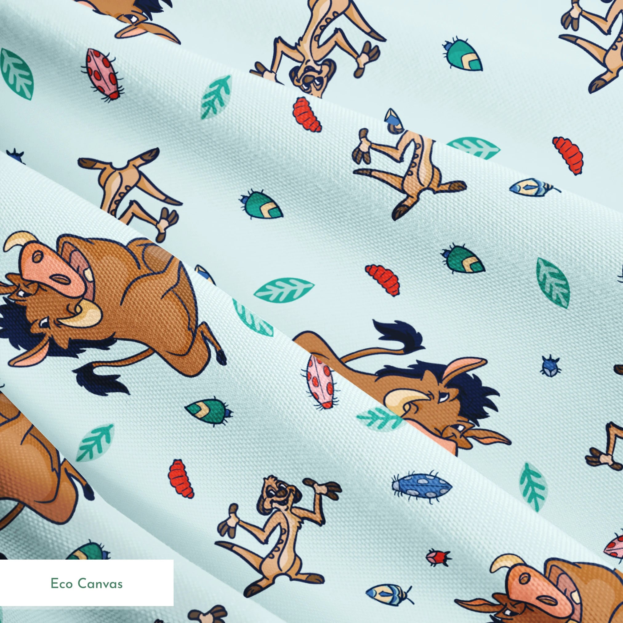 Lion King characters and colorful leaves scattered on light blue background in playful pattern springs ecocanvas texture