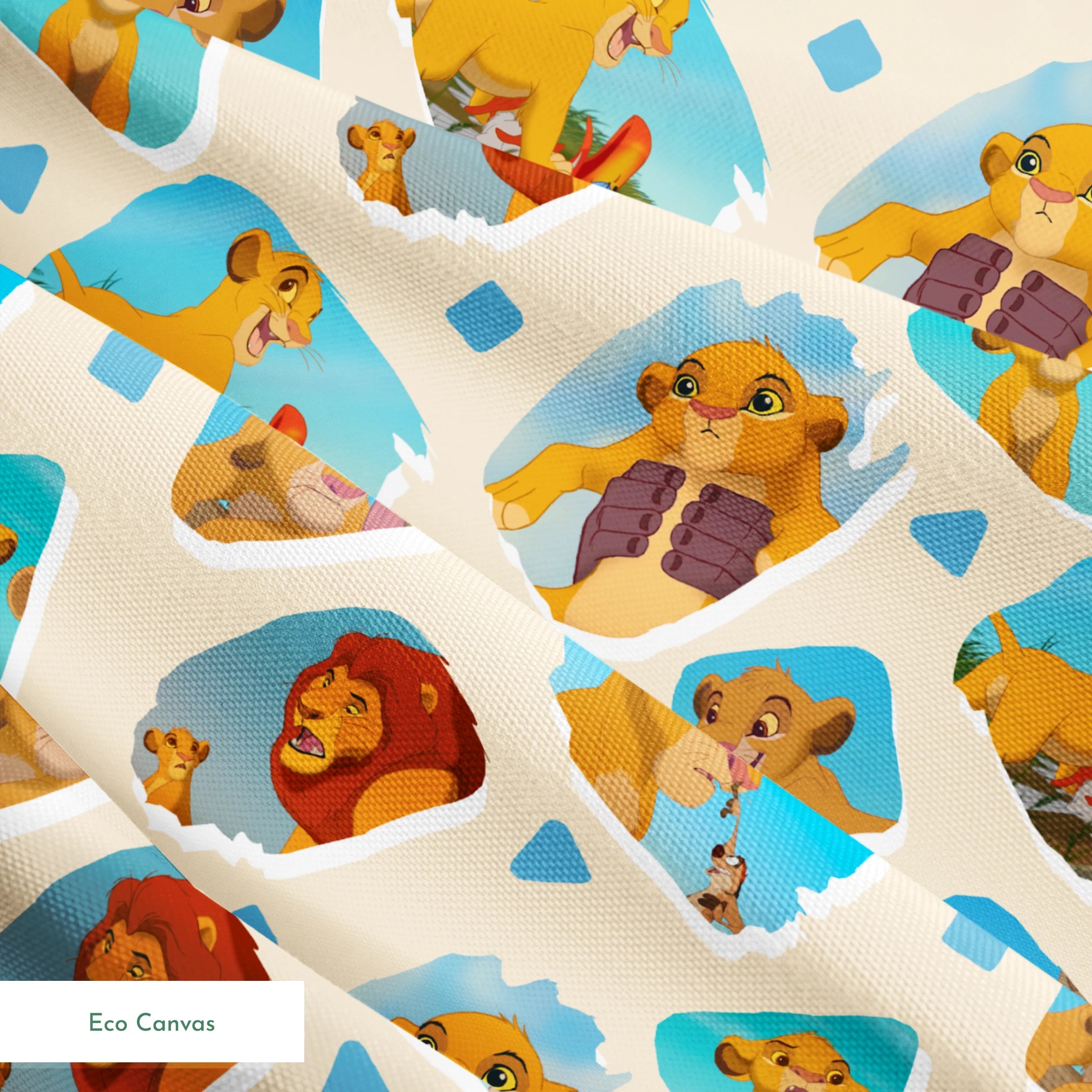 Young lion cub characters from The Lion King in a repeating pattern on cream background springs ecocanvas texture