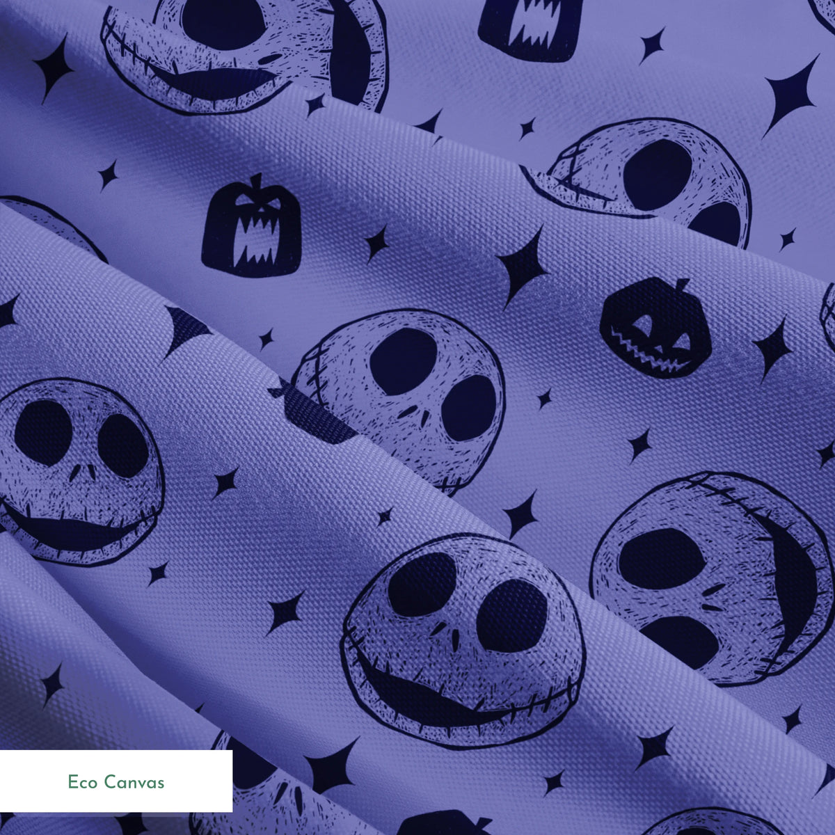 Nightmare Before Christmas skull and pumpkin pattern on purple background with black star shapes springs ecocanvas texture