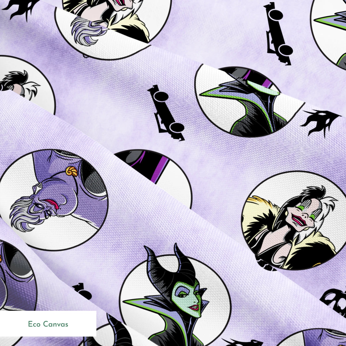 Disney villains pattern with circular character portraits on lavender background with black silhouettes of iconic symbols springs ecocanvas texture