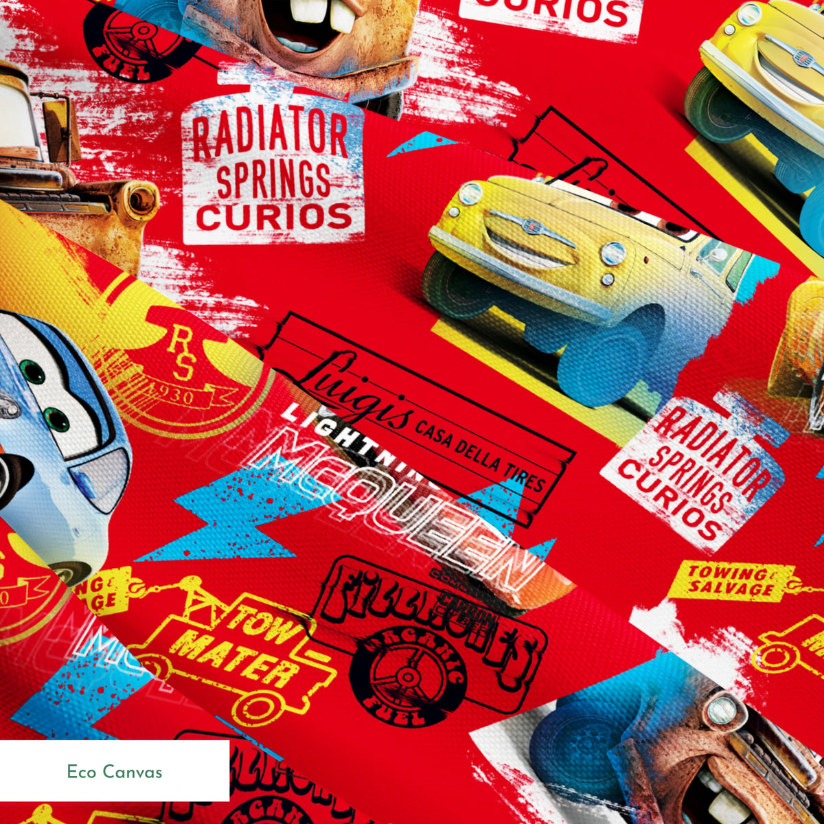 Colorful Cars movie characters pattern featuring Lightning McQueen and Mater on red background with logos springs ecocanvas texture