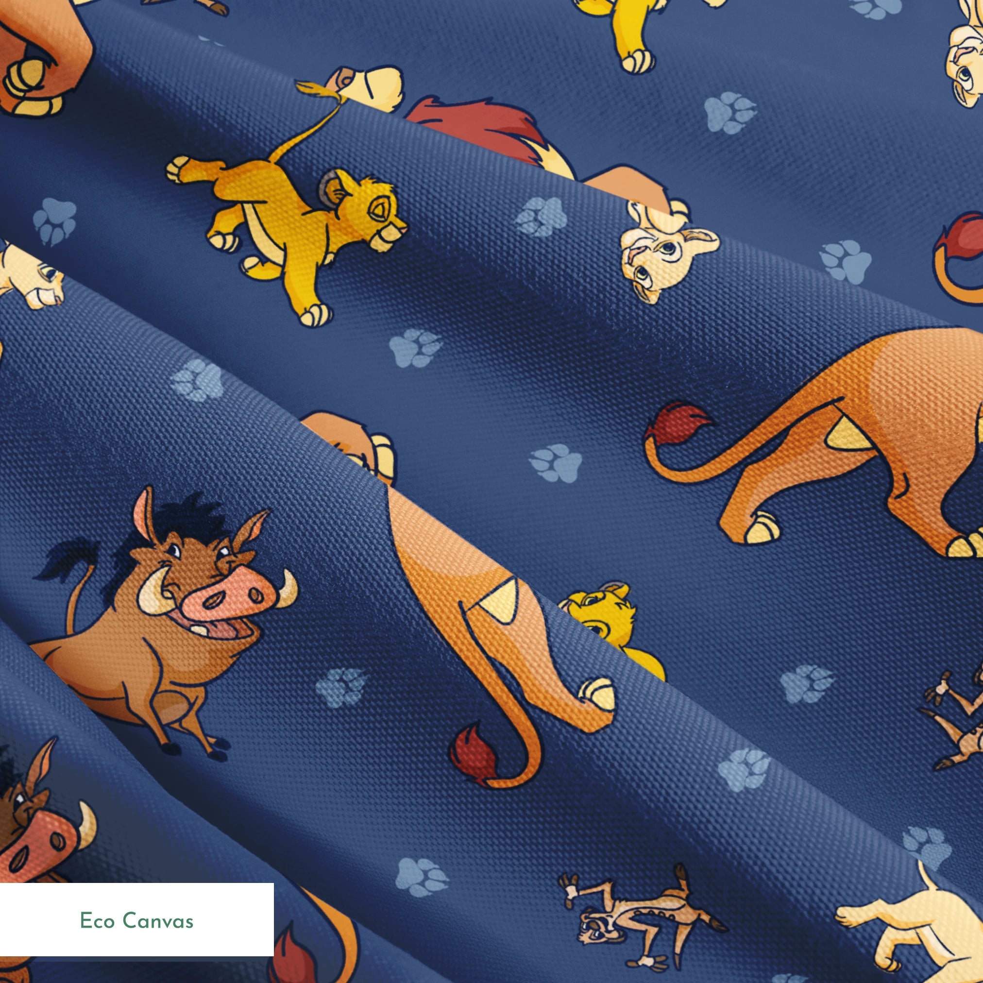 Colorful cartoon lions and characters from The Lion King scattered on dark blue background with paw prints springs ecocanvas texture