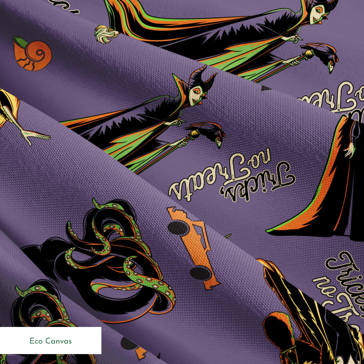 Cartoon villains pattern featuring Maleficent and other Disney antagonists on purple background springs ecocanvas texture